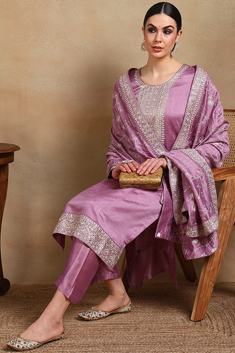 Lavender Silk Blend Machine Woven Straight Suit Set