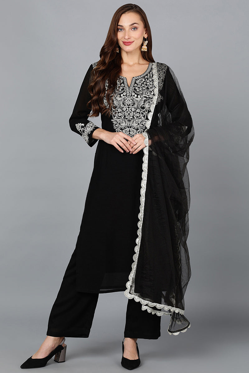 Black-Silk-Blend-Straight-3-Piece-Kurta-Set