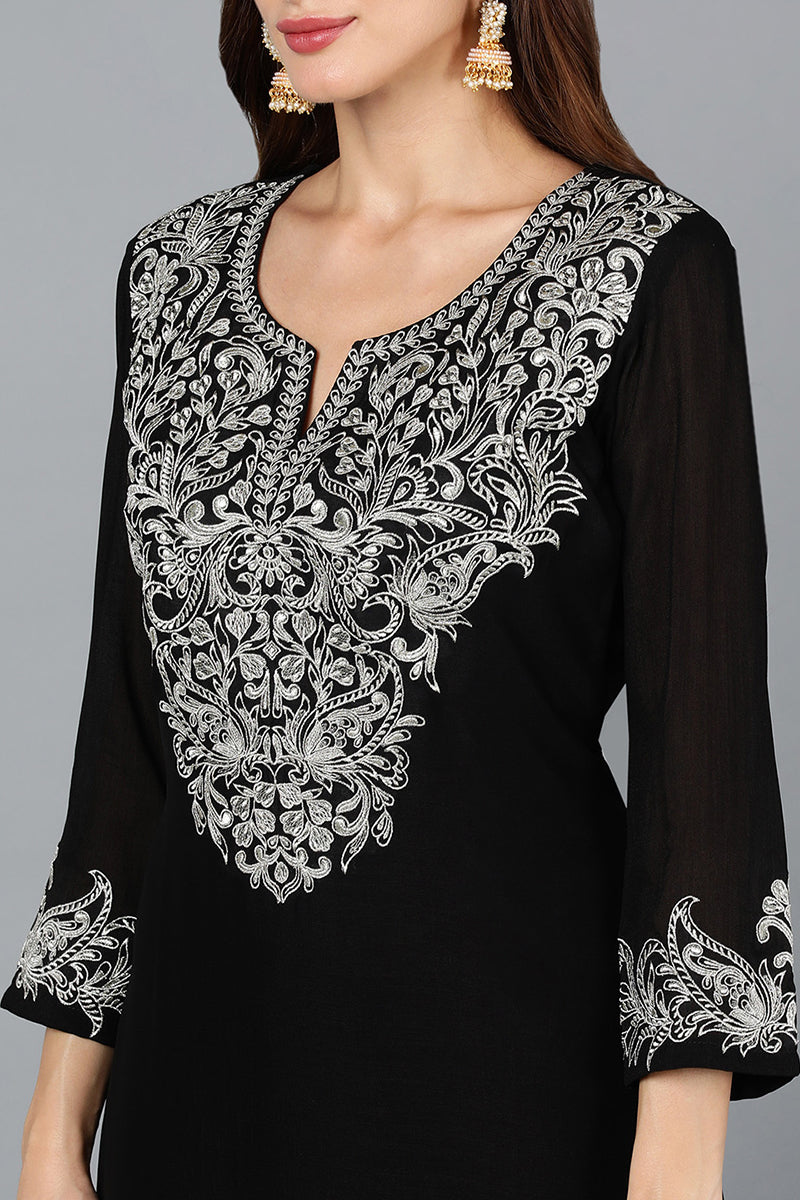 Black-Silk-Blend-Straight-3-Piece-Kurta-Set