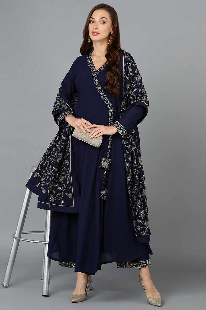 Prussian-Blue-Poly-Georgette-3-Piece-Angrakha-Suit-Set