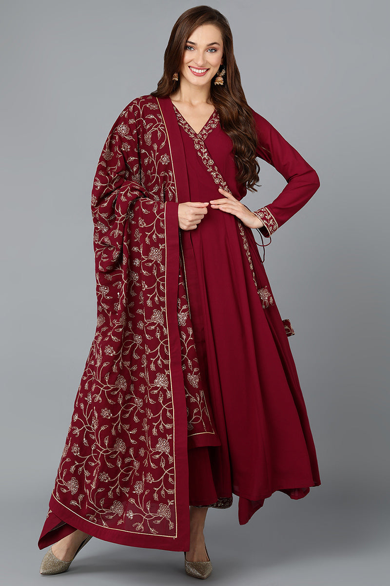 Fuschia-Poly-Georgette-3-Piece-Angrakha-Suit-Set