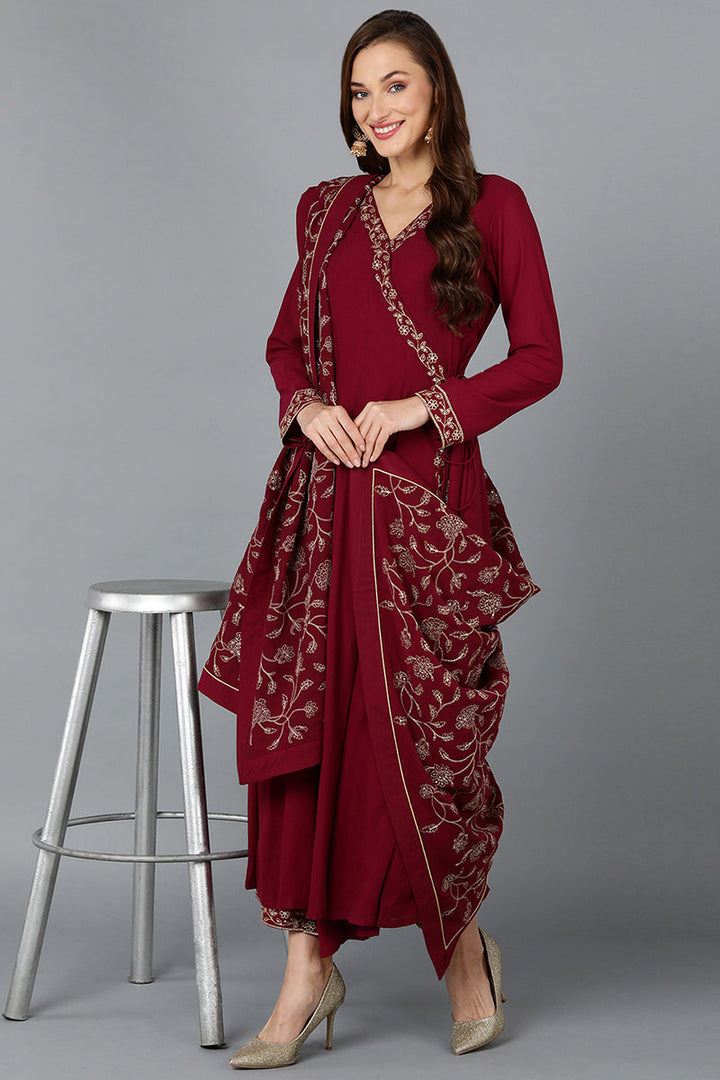 Fuschia-Poly-Georgette-3-Piece-Angrakha-Suit-Set