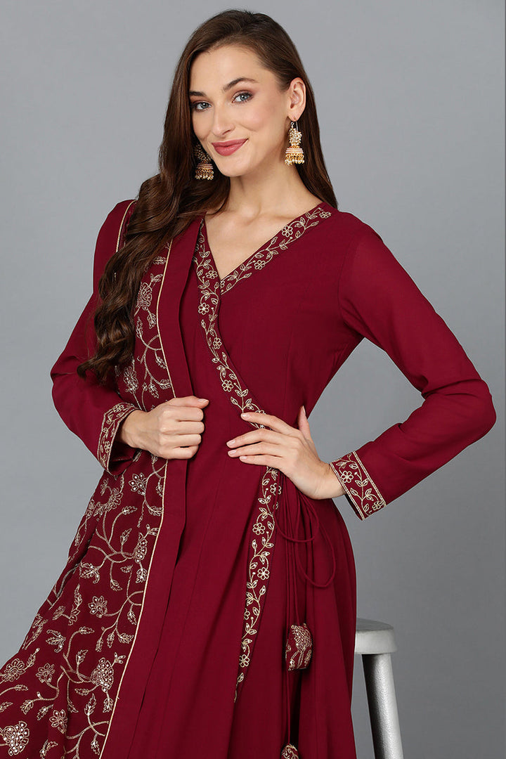 Fuschia-Poly-Georgette-3-Piece-Angrakha-Suit-Set