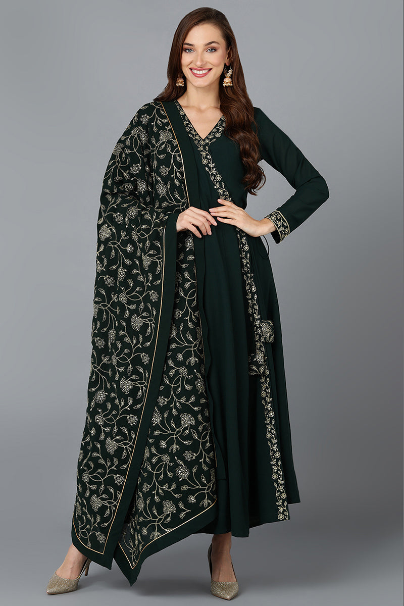 Dark-Green-Poly-Georgette-3-Piece-Angrakha-Suit-Set