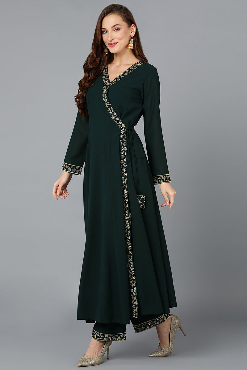 Dark-Green-Poly-Georgette-3-Piece-Angrakha-Suit-Set