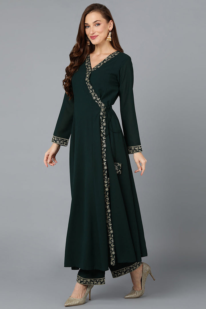 Dark-Green-Poly-Georgette-3-Piece-Angrakha-Suit-Set