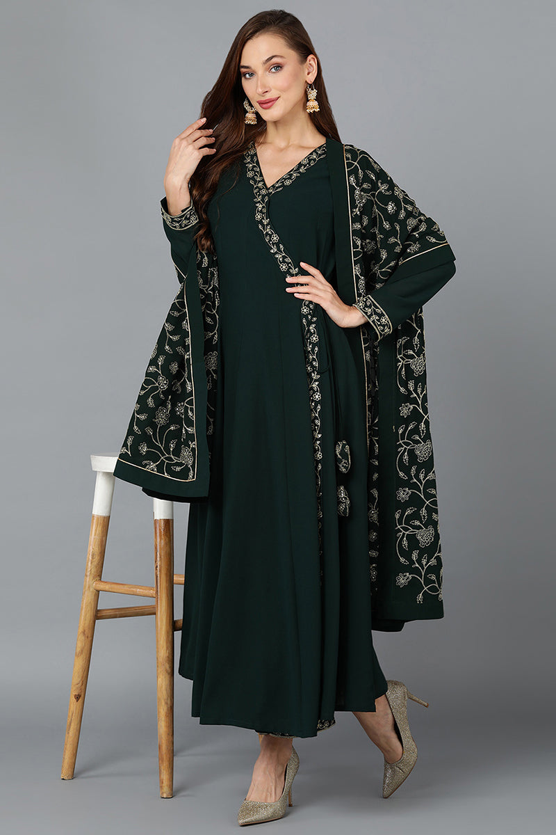 Dark-Green-Poly-Georgette-3-Piece-Angrakha-Suit-Set