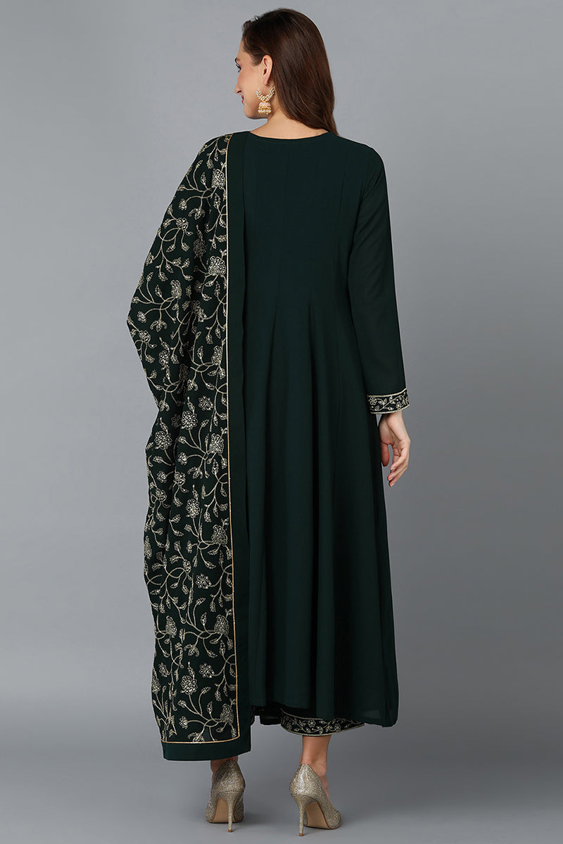 Dark-Green-Poly-Georgette-3-Piece-Angrakha-Suit-Set