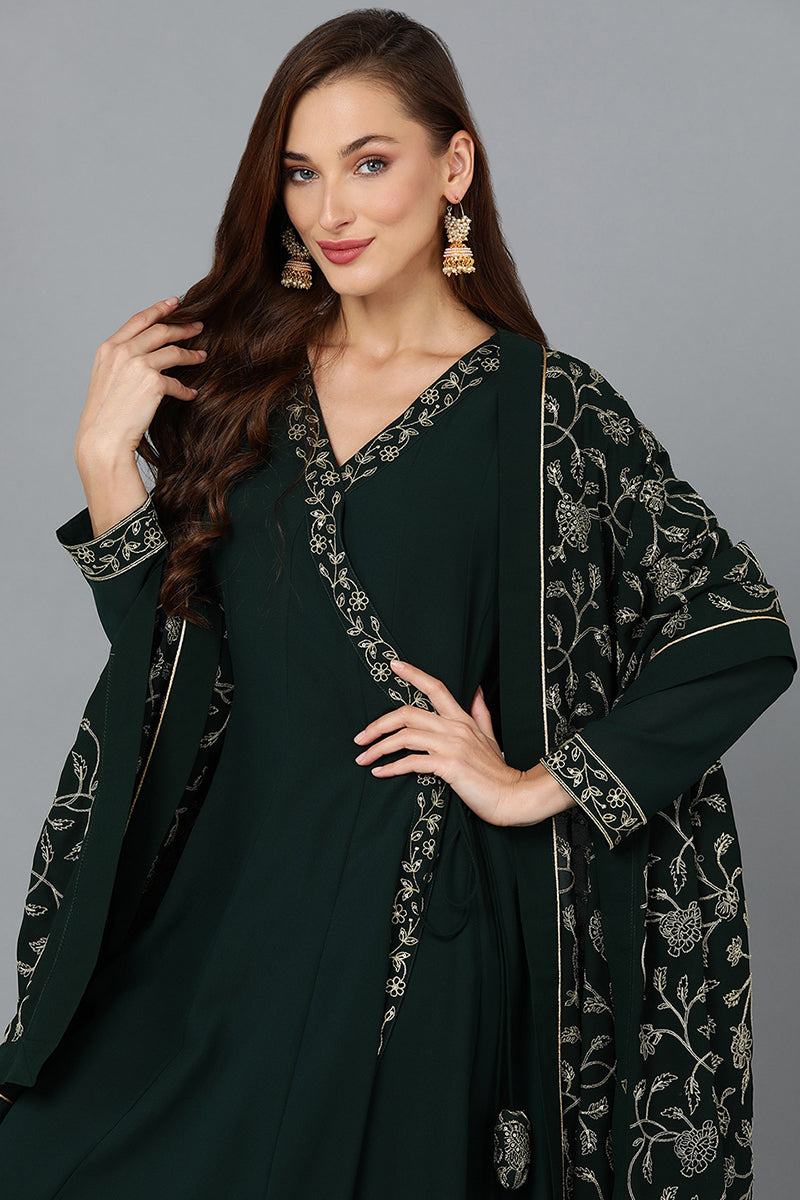 Dark-Green-Poly-Georgette-3-Piece-Angrakha-Suit-Set