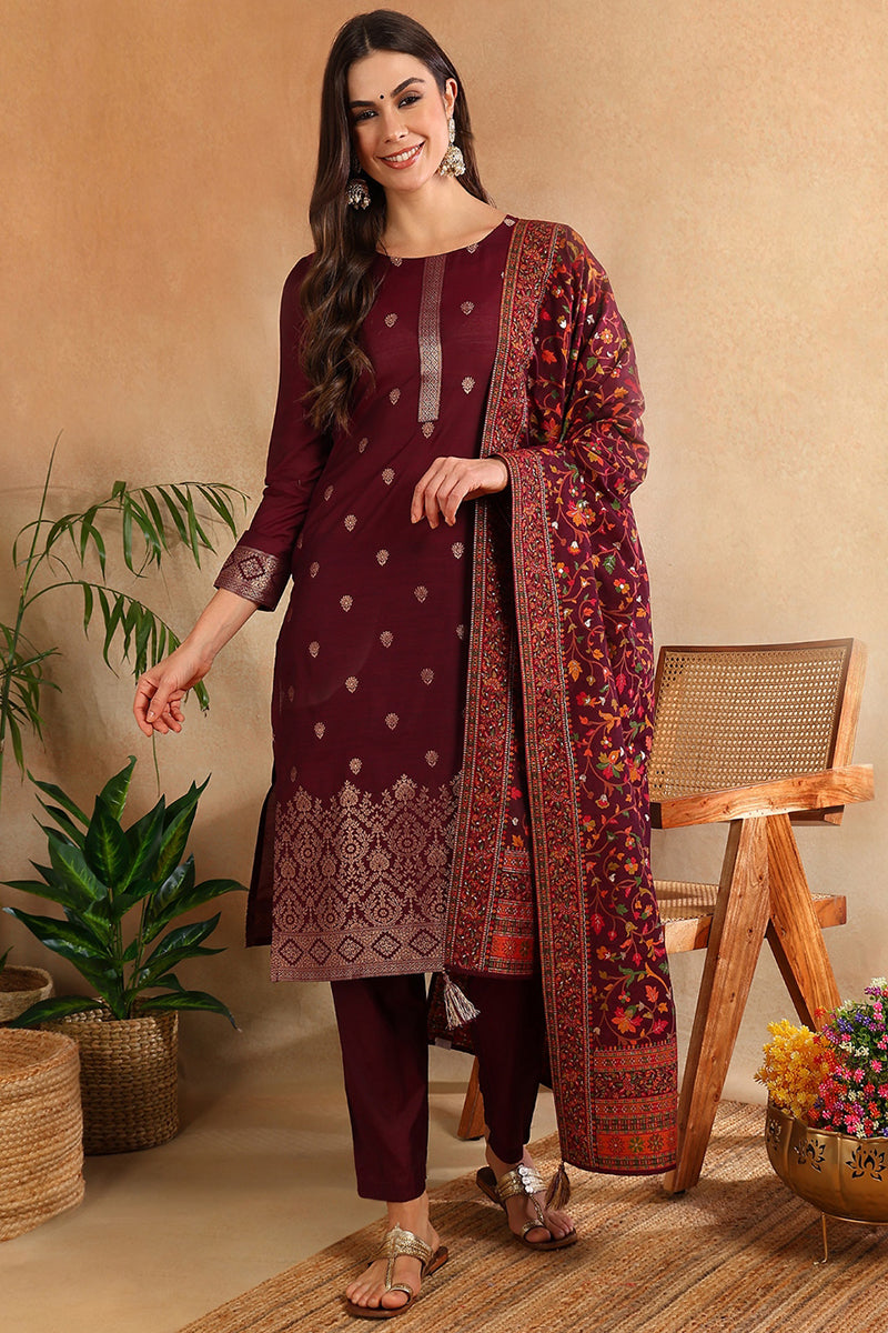 Burgundy-Silk-Blend-Ethnic-Straight-Suit-Set