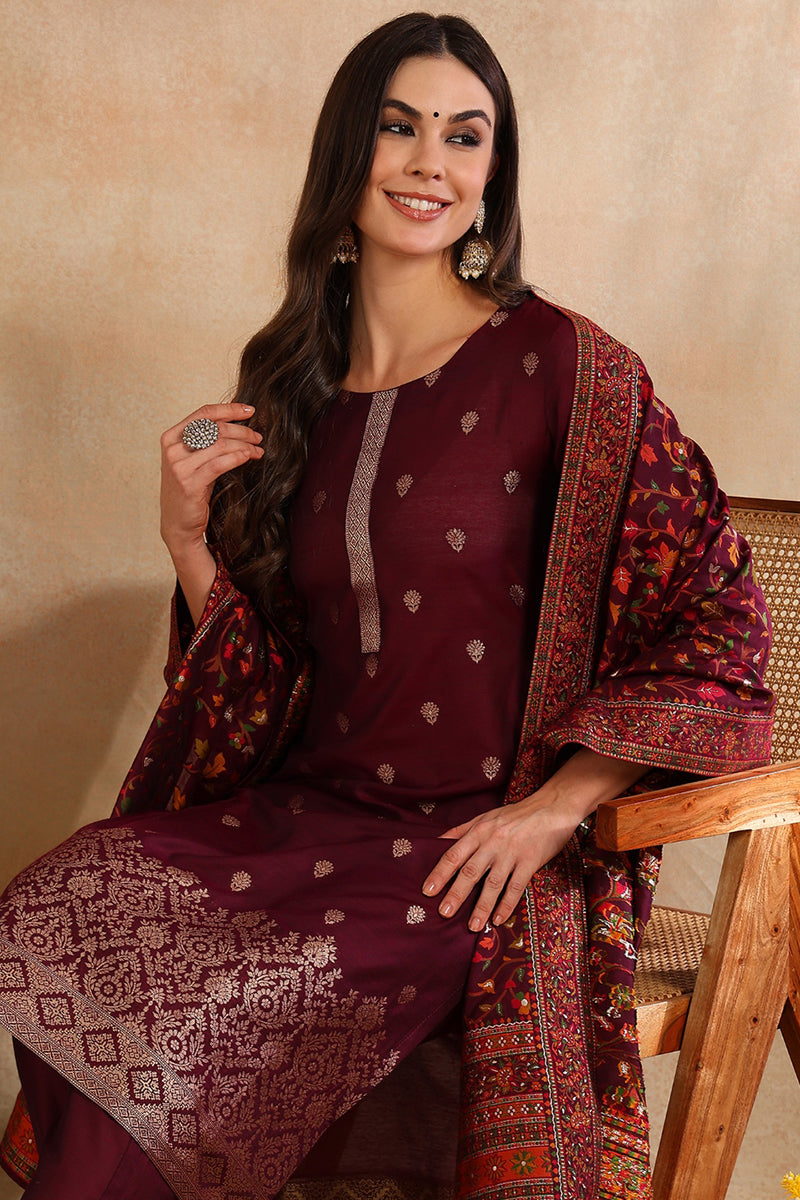 Burgundy-Silk-Blend-Ethnic-Straight-Suit-Set
