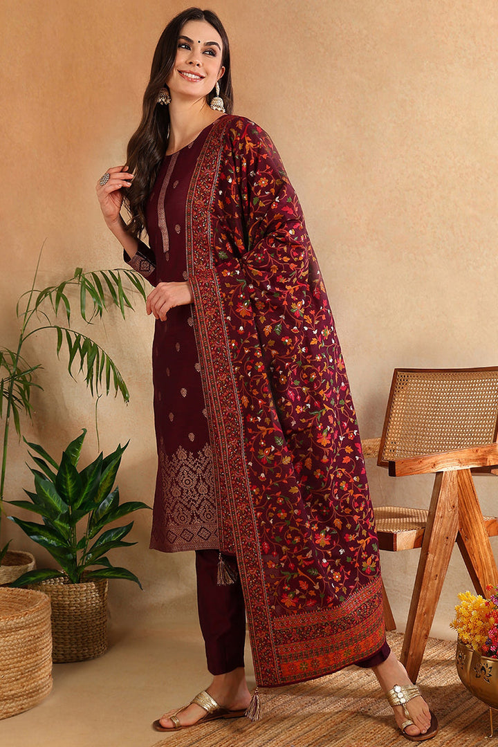 Burgundy-Silk-Blend-Ethnic-Straight-Suit-Set