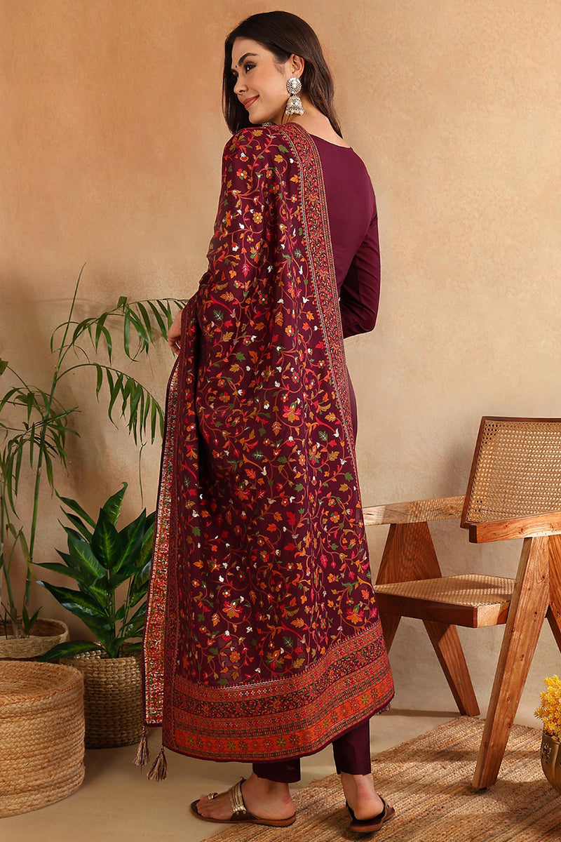 Burgundy-Silk-Blend-Ethnic-Straight-Suit-Set