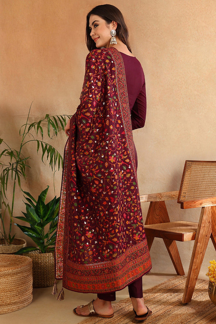 Burgundy-Silk-Blend-Ethnic-Straight-Suit-Set