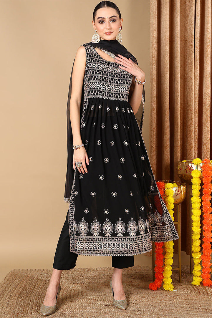 Black-Poly-Georgette-Embroidered-Straight-Suit-Set