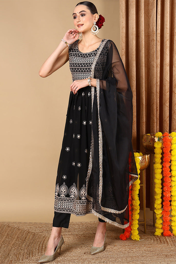 Black-Poly-Georgette-Embroidered-Straight-Suit-Set