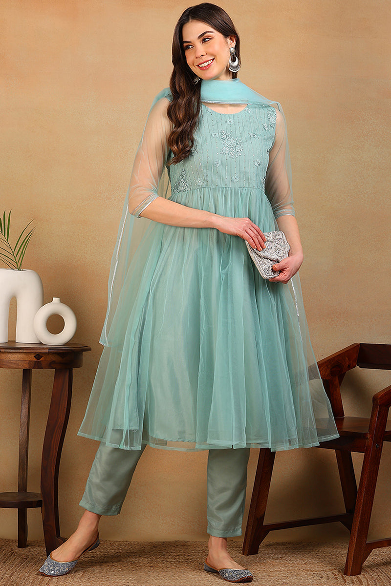 ZERESOUQ-Sea-Green-Net-Solid-Embroidered-Flared-3-Piece-Kurta-Set