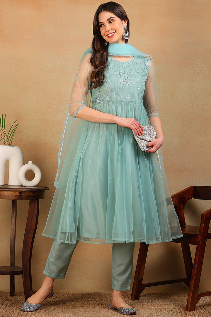 ZERESOUQ-Sea-Green-Net-Solid-Embroidered-Flared-3-Piece-Kurta-Set
