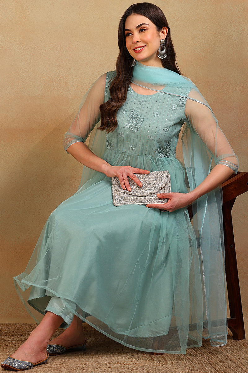 ZERESOUQ-Sea-Green-Net-Solid-Embroidered-Flared-3-Piece-Kurta-Set