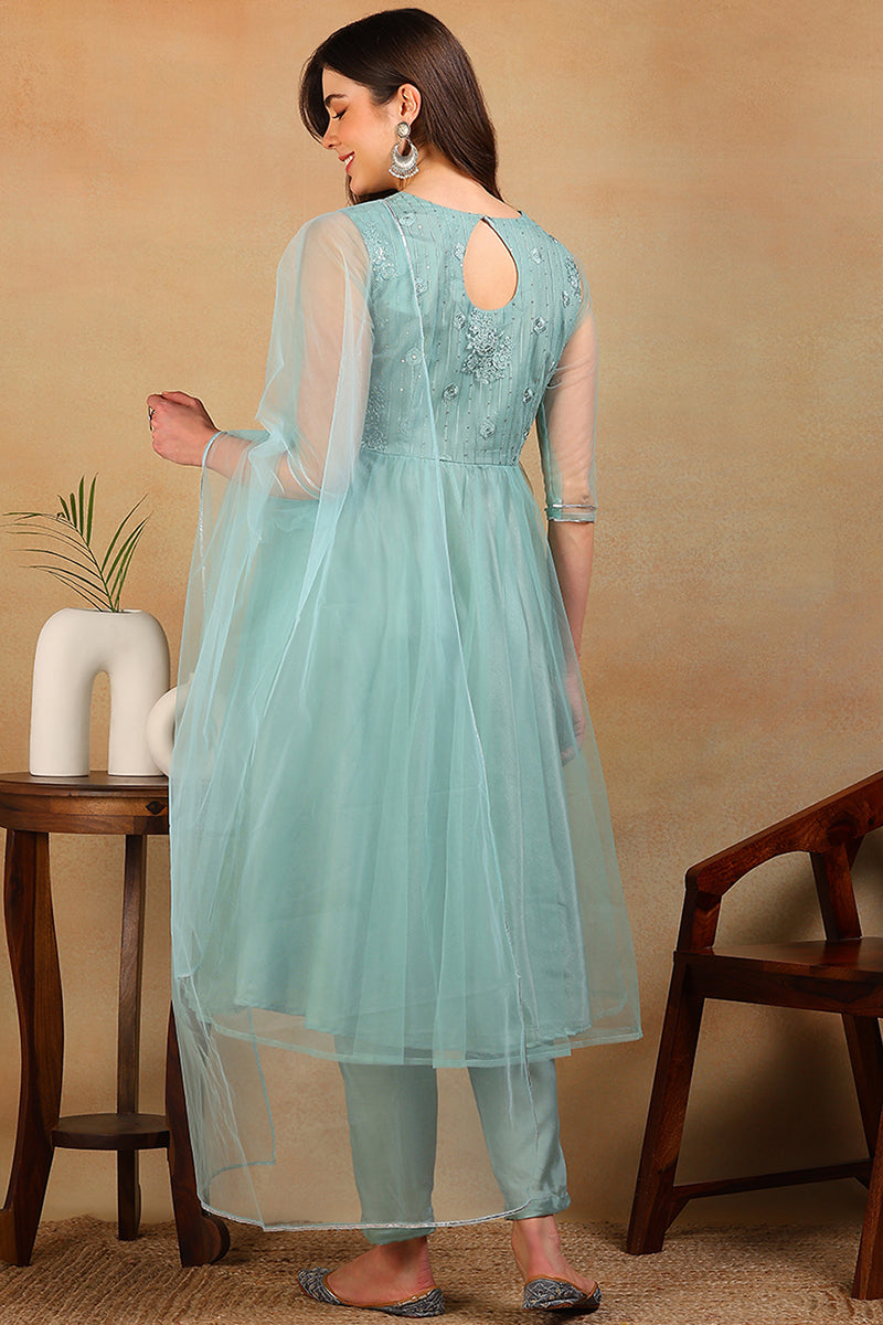 ZERESOUQ-Sea-Green-Net-Solid-Embroidered-Flared-3-Piece-Kurta-Set