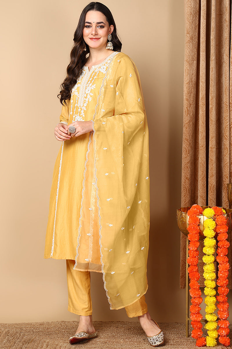 ZERESOUQ-Yellow-Silk-Blend-Embroidered-Straight-3-Piece-Kurta-Set