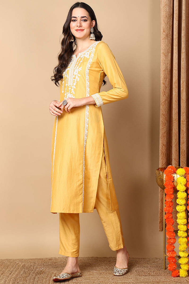 ZERESOUQ-Yellow-Silk-Blend-Embroidered-Straight-3-Piece-Kurta-Set