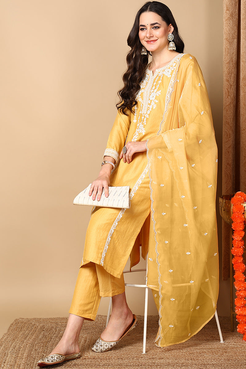 ZERESOUQ-Yellow-Silk-Blend-Embroidered-Straight-3-Piece-Kurta-Set