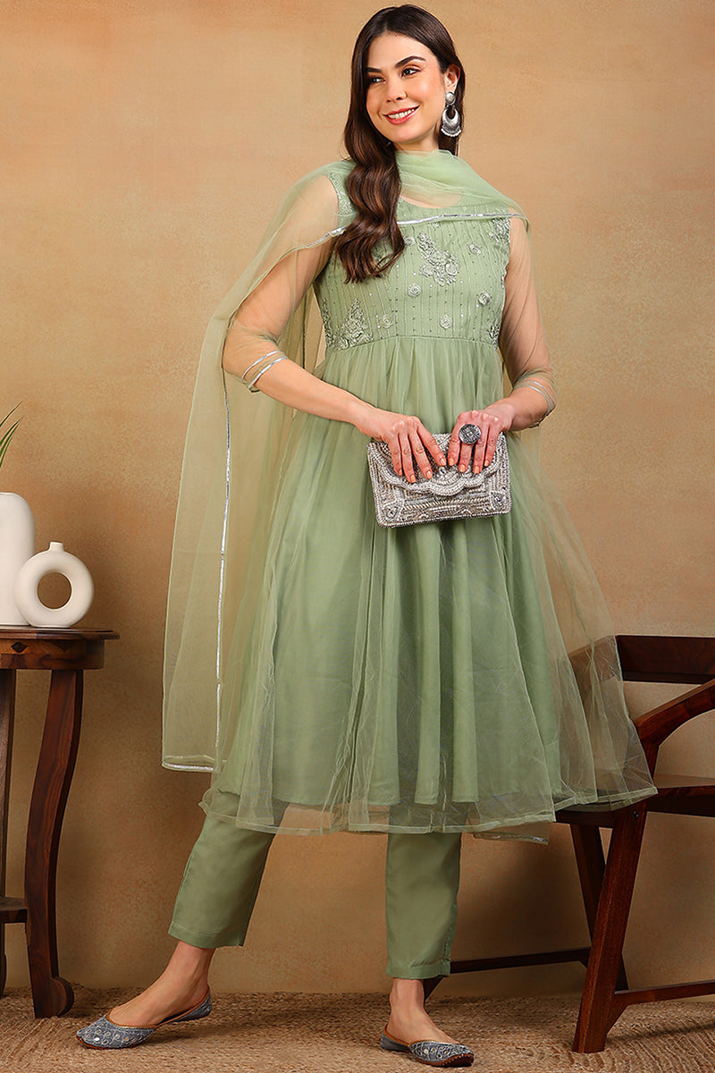ZERESOUQ-Green-Net-Solid-Embroidered-Flared-Empire-3-Piece-Kurta-Set