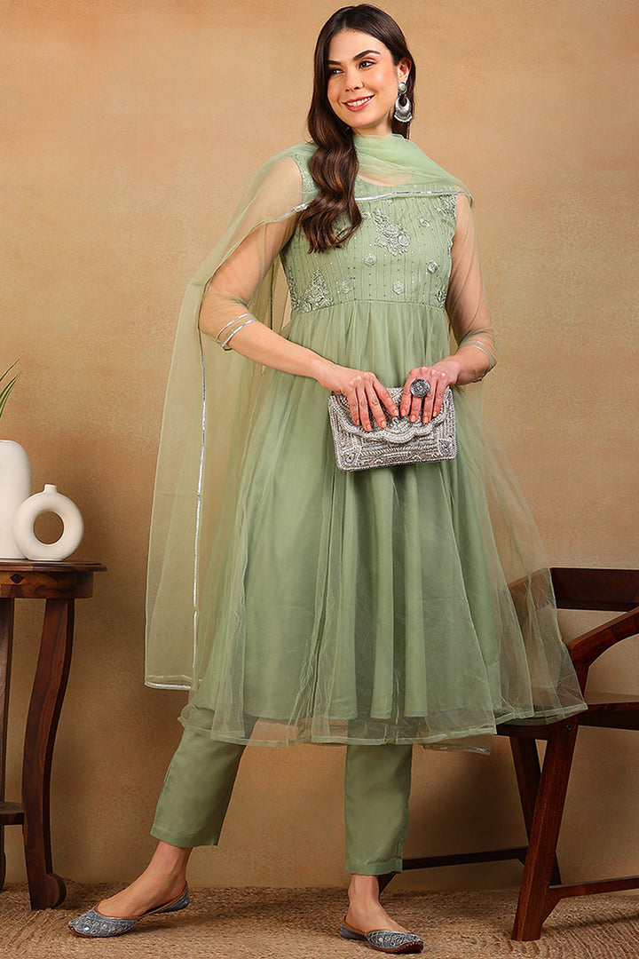 ZERESOUQ-Green-Net-Solid-Embroidered-Flared-Empire-3-Piece-Kurta-Set