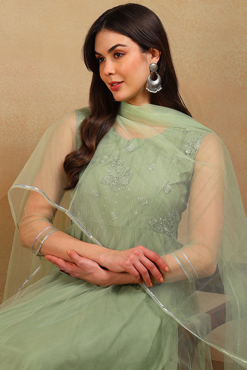 ZERESOUQ-Green-Net-Solid-Embroidered-Flared-Empire-3-Piece-Kurta-Set