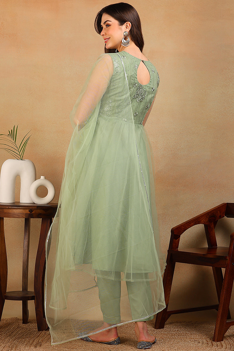 ZERESOUQ-Green-Net-Solid-Embroidered-Flared-Empire-3-Piece-Kurta-Set
