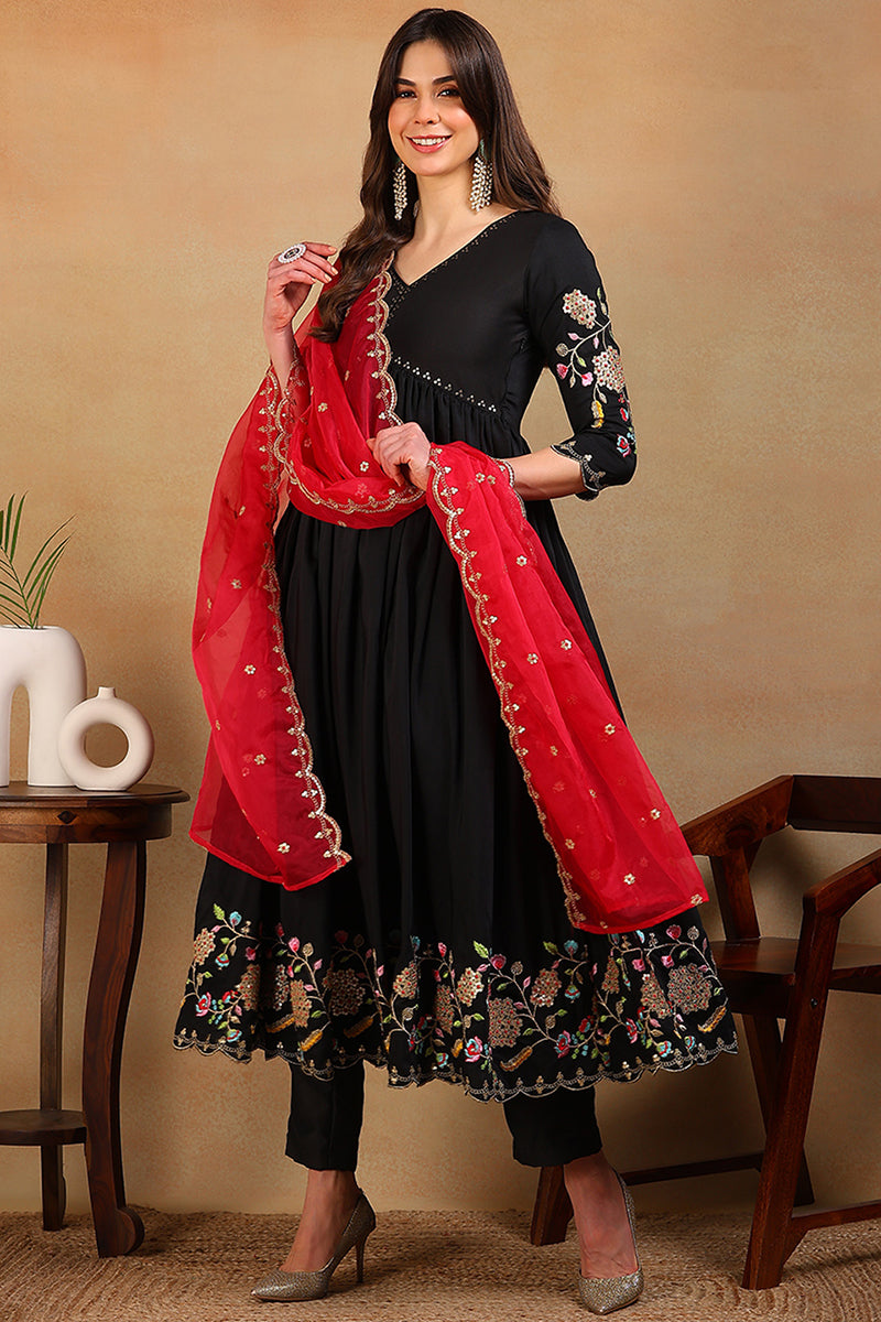 Black-Silk-Blend-Solid-Flared-Empire-3-Piece-Kurta-Set