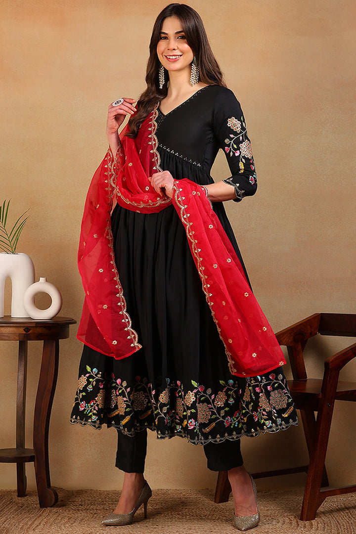 Black-Silk-Blend-Solid-Flared-Empire-3-Piece-Kurta-Set