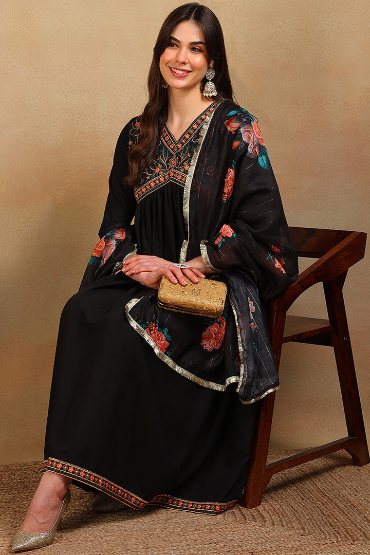 Black-Silk-Blend-Solid-Embroidered-Flared-3-Piece-Kurta-Set