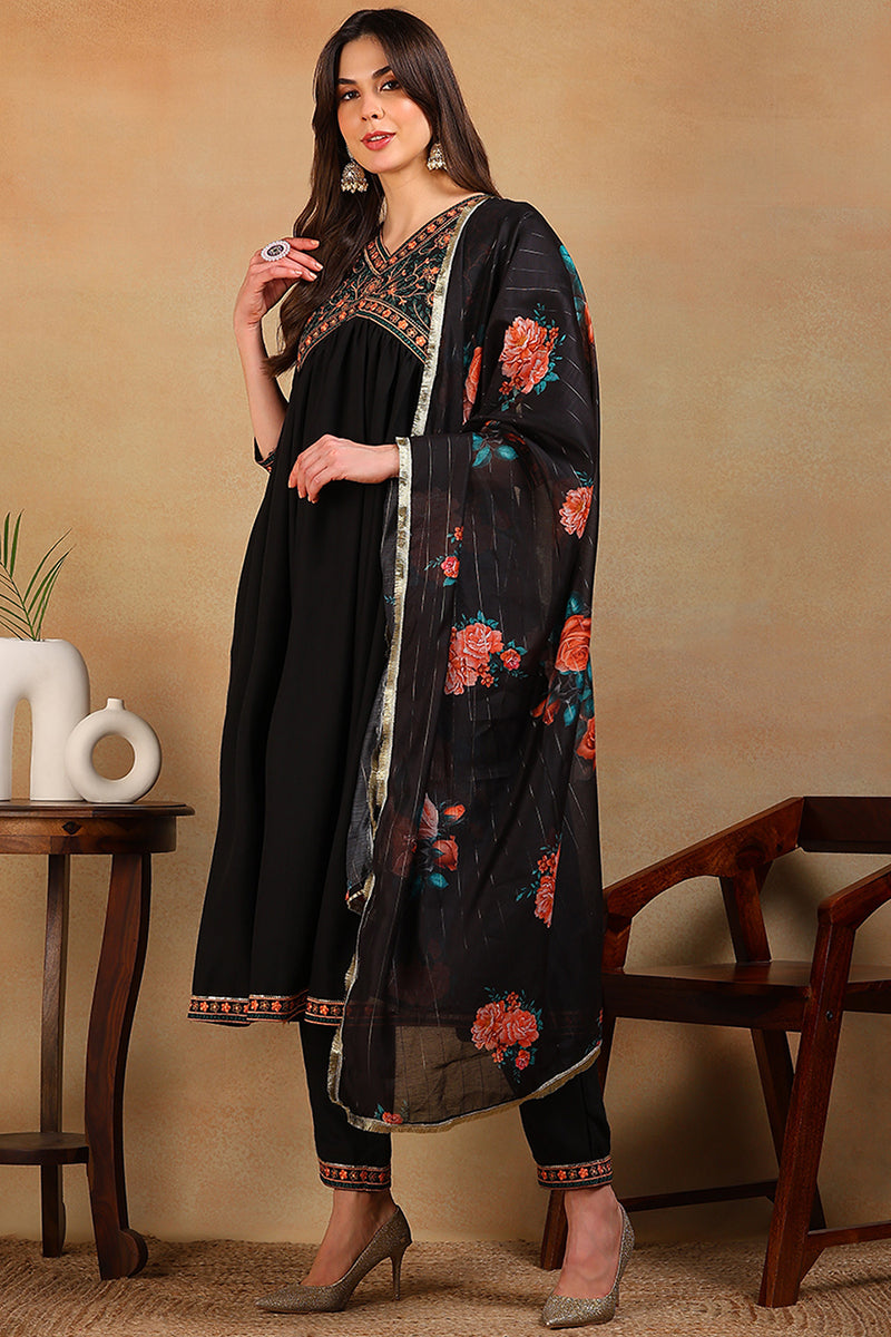 Black-Silk-Blend-Solid-Embroidered-Flared-3-Piece-Kurta-Set