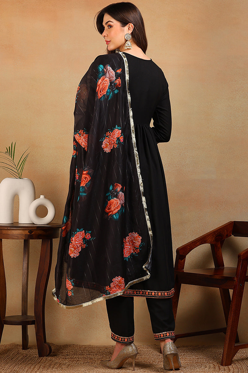 ZERESOUQ-Black-Silk-Blend-Solid-Embroidered-Flared-3-Piece-Kurta-Set