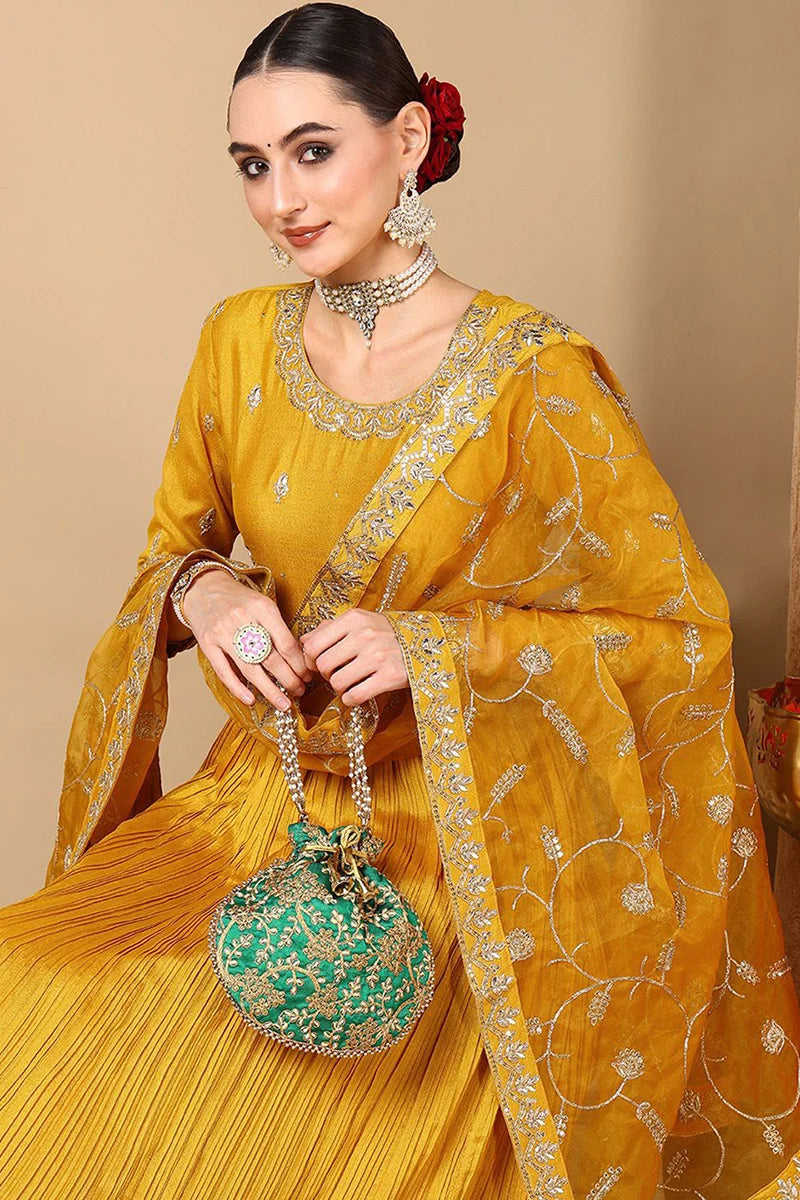 Yellow Silk Blend Embroidered Anarkali Style Suit Set