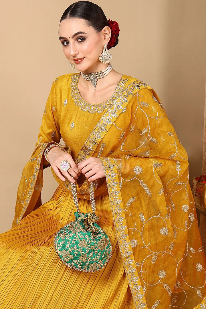 Yellow Silk Blend Embroidered Anarkali Style Suit Set