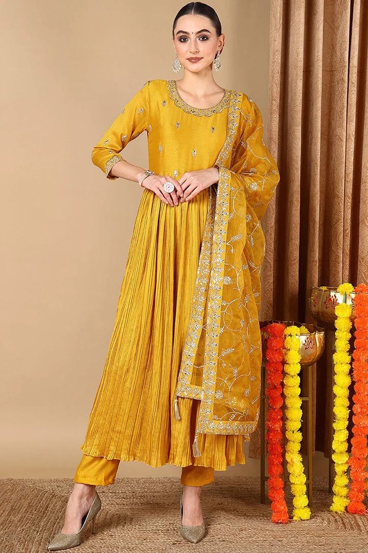 Yellow Silk Blend Embroidered Anarkali Style Suit Set