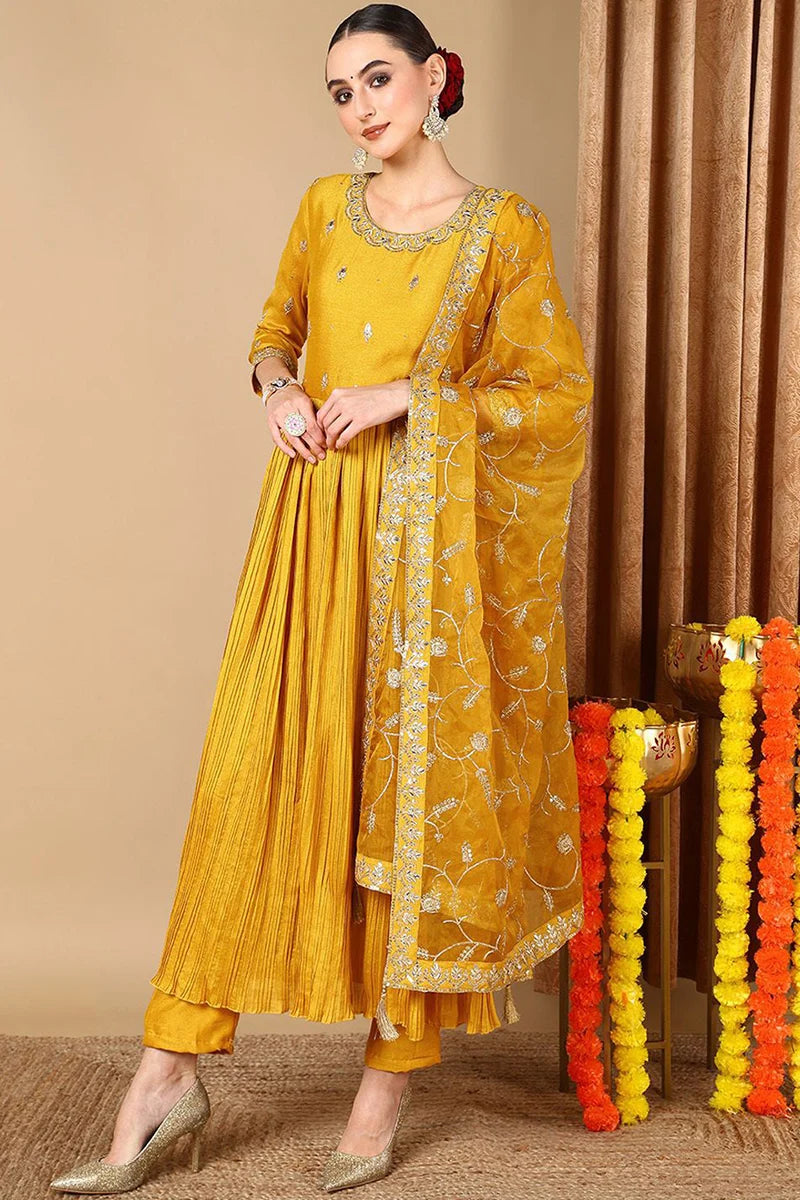 Yellow Silk Blend Embroidered Anarkali Style Suit Set