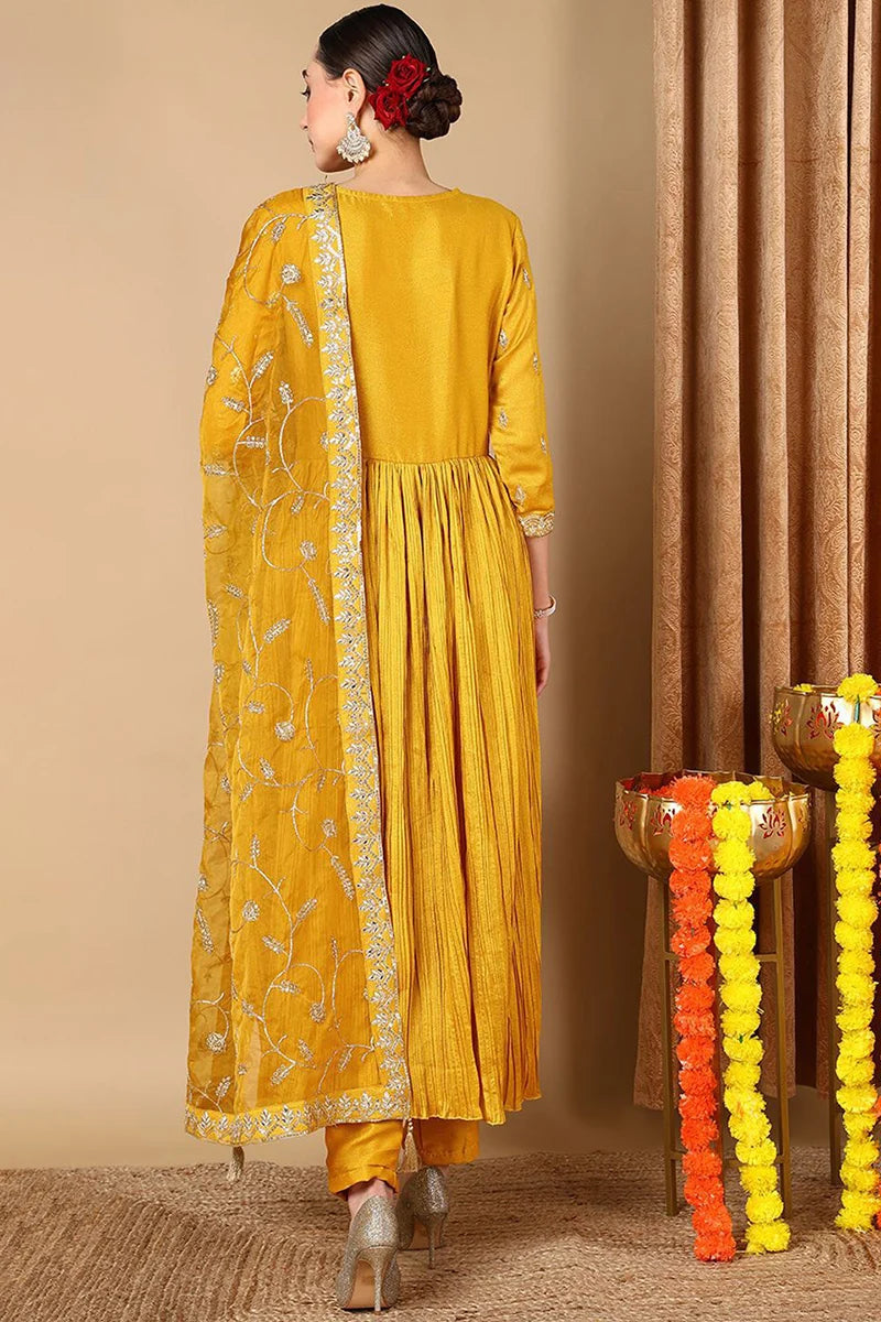 Yellow Silk Blend Embroidered Anarkali Style Suit Set