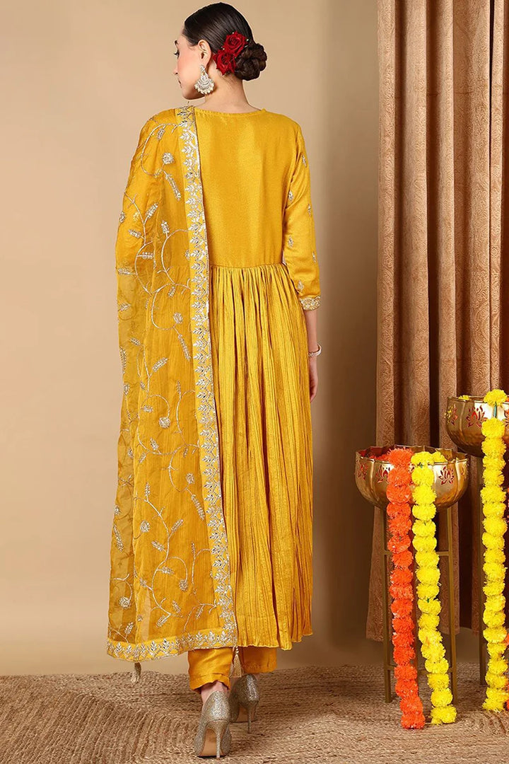 Yellow Silk Blend Embroidered Anarkali Style Suit Set
