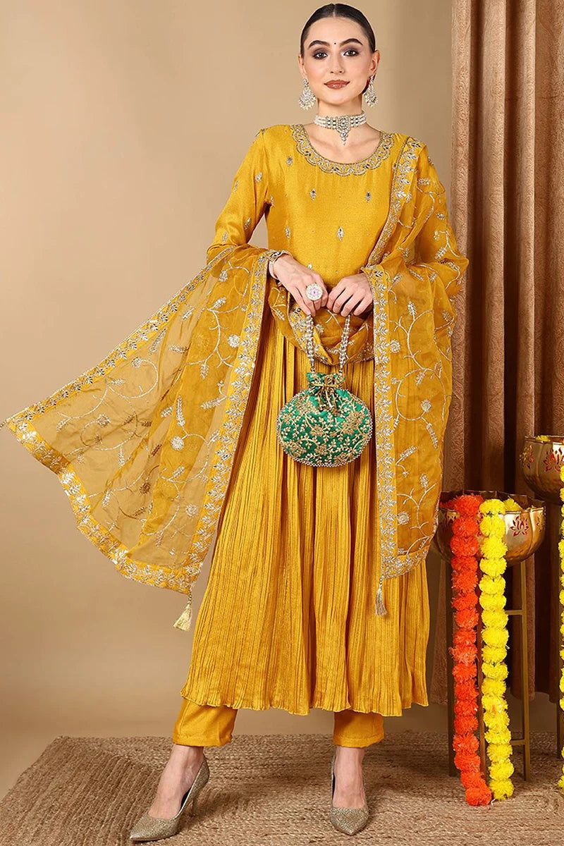 Yellow Silk Blend Embroidered Anarkali Style Suit Set