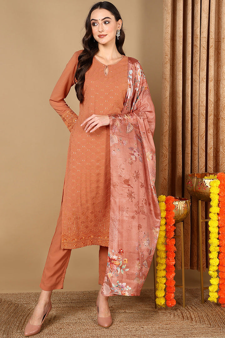 Orange-Georgette-Geometric-Thread-Work-Straight-3-Piece-Kurta-Set