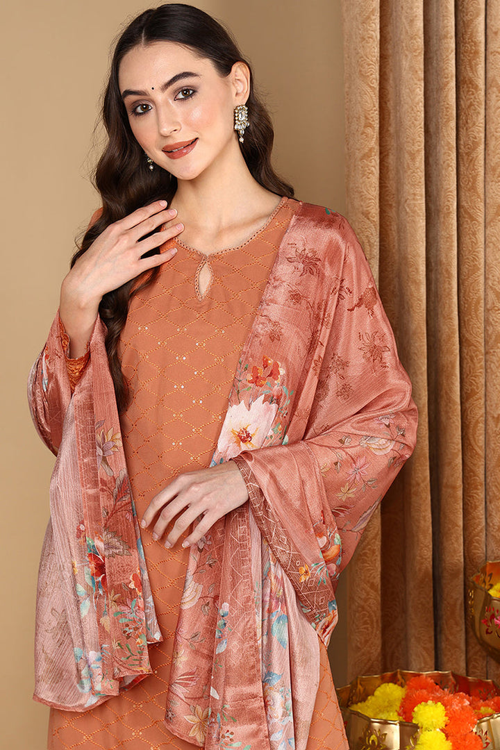 Orange-Georgette-Geometric-Thread-Work-Straight-3-Piece-Kurta-Set