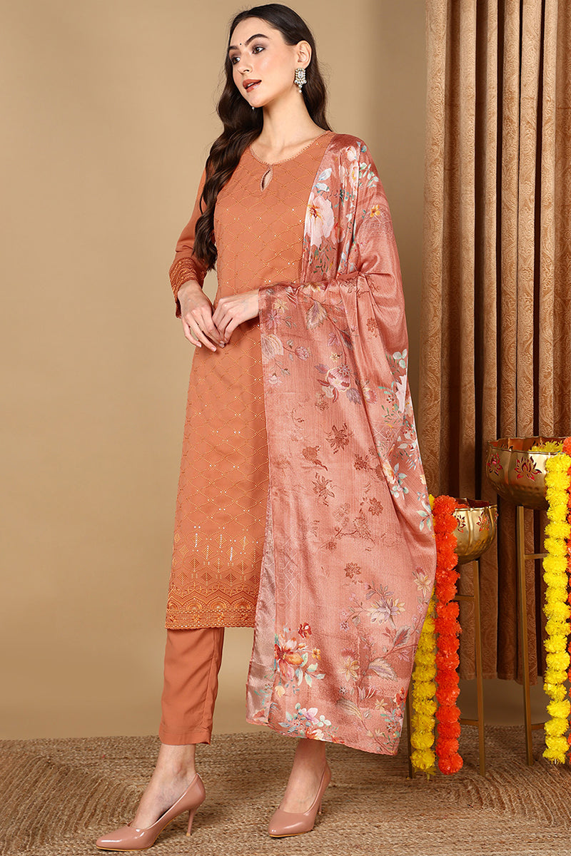 Orange-Georgette-Geometric-Thread-Work-Straight-3-Piece-Kurta-Set