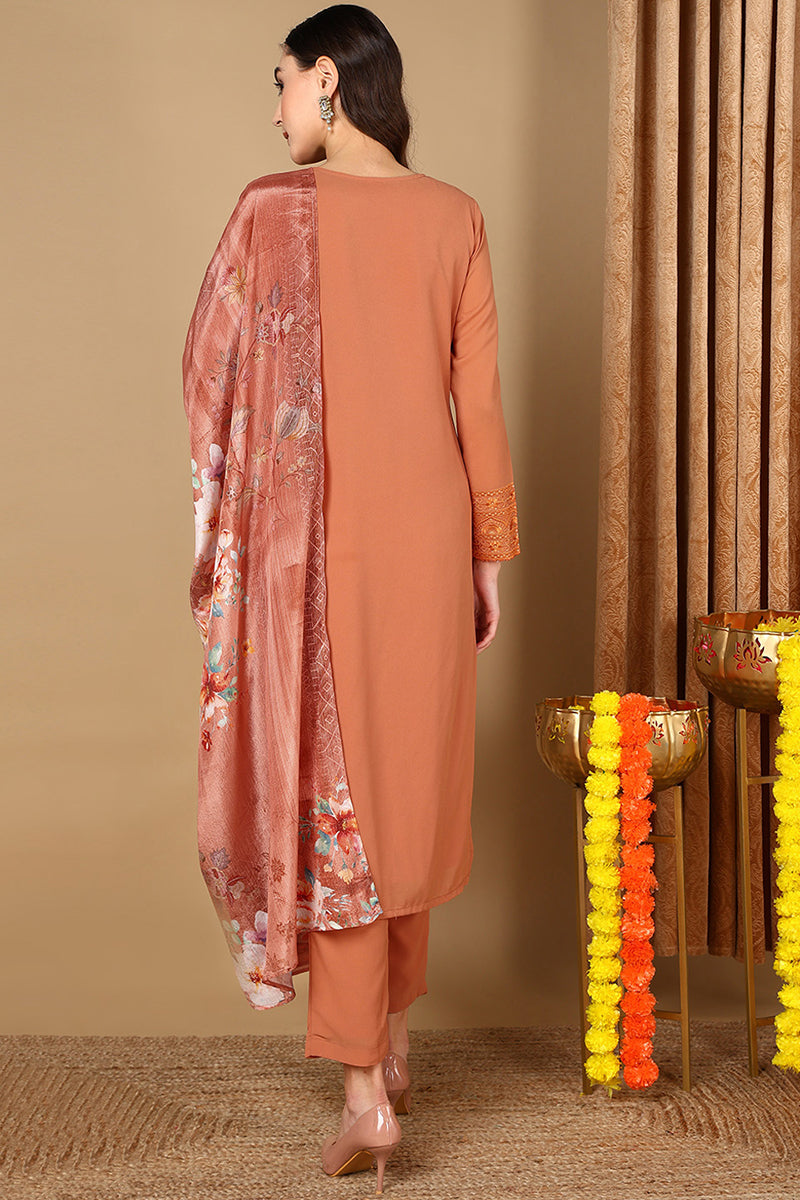 Orange-Georgette-Geometric-Thread-Work-Straight-3-Piece-Kurta-Set