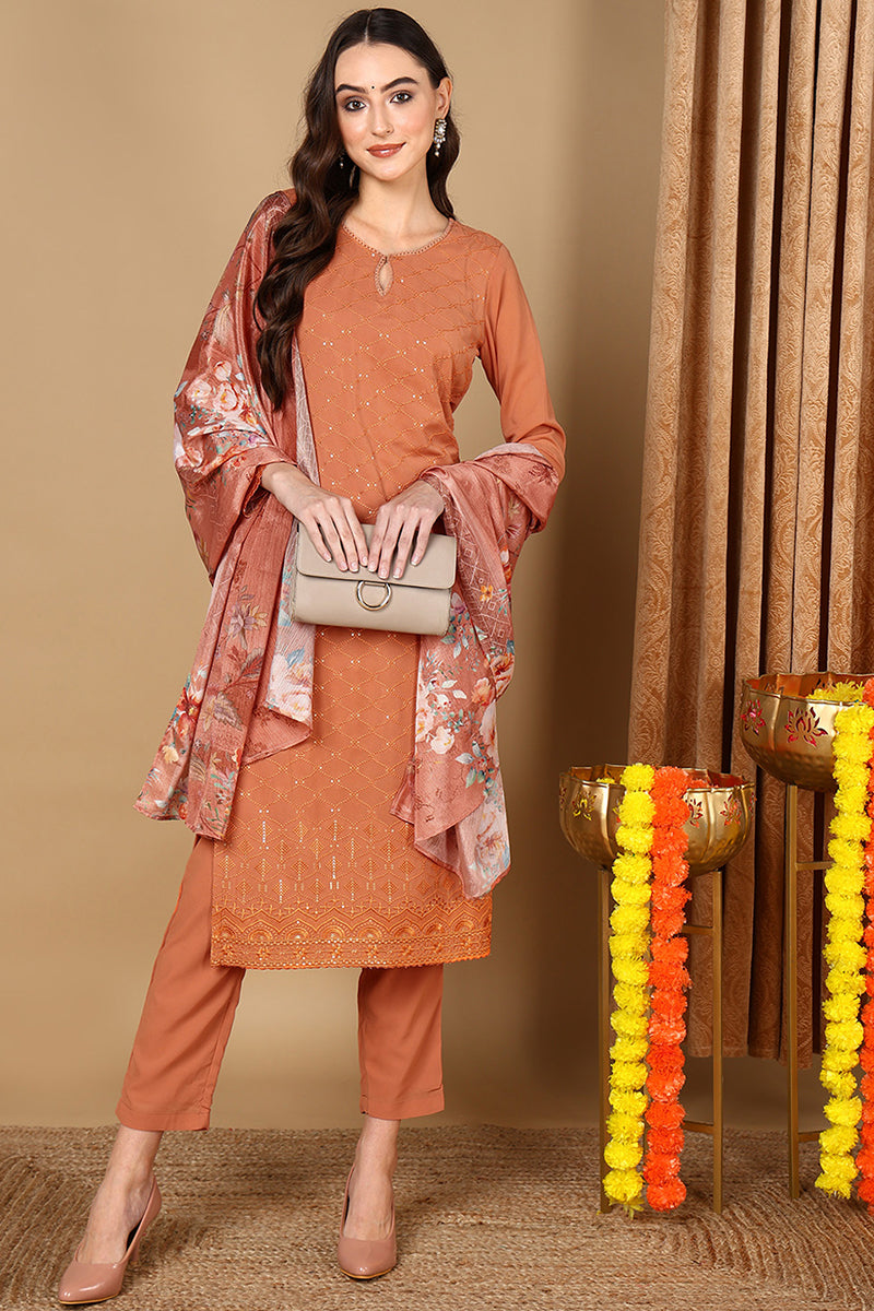 Orange-Georgette-Geometric-Thread-Work-Straight-3-Piece-Kurta-Set