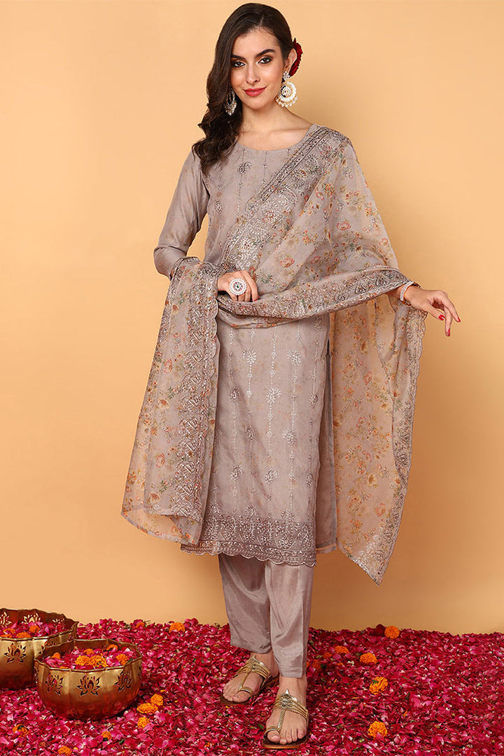 ZERESOUQ-Grey-Organza-Floral-Embroidered-Straight-Suit-Set