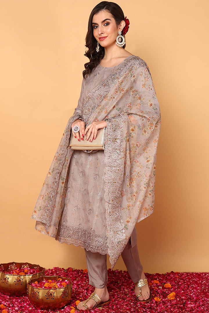 ZERESOUQ-Grey-Organza-Floral-Embroidered-Straight-Suit-Set